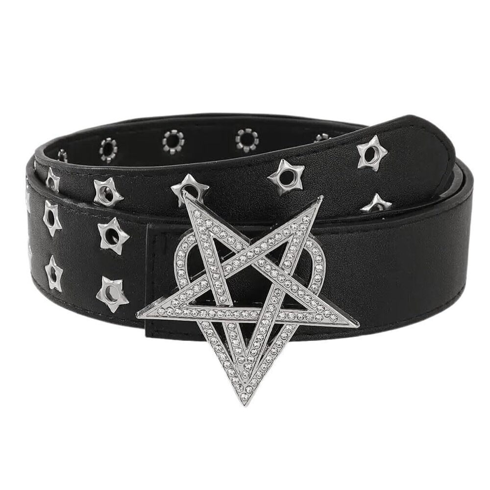 9985 Black Leather Star Studded Belt - Punk Star Buckle Waistband